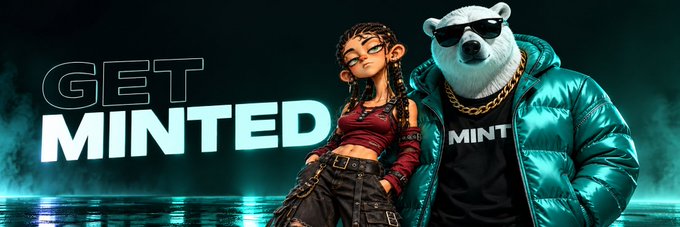 A promotional banner reading "GET MINTED" featuring an animated female character alongside a polar bear mascot wearing sunglasses, a gold chain, and a "MINT" shirt.