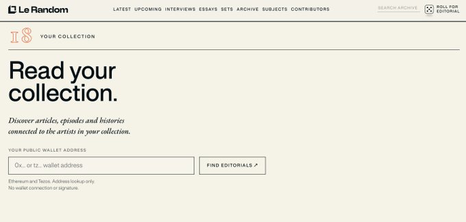 A webpage from 'Le Random' featuring an 'I8' collection header and the text 'Read your collection.' along with a wallet address input field.