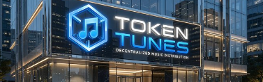 A nighttime storefront features a glowing neon sign for 'TOKEN TUNES - Decentralized Music Syndication' with a blue hexagonal logo displaying musical notes.