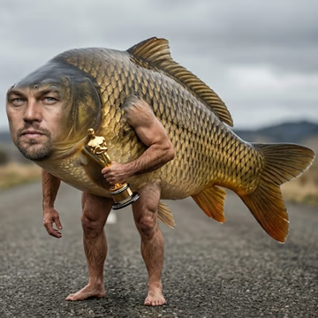 A bizarre digital composite image depicts a creature with a man's head and muscular human arms and legs attached to the body of a large carp fish, walking on a road while holding a golden trophy.