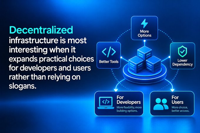An infographic on decentralized infrastructure with the text 'Decentralized infrastructure is most interesting when it expands practical choices for developers and users rather than relying on slogans', illustrating benefits like Better Tools, More Options, Lower Dependency, For Developers, and For Users