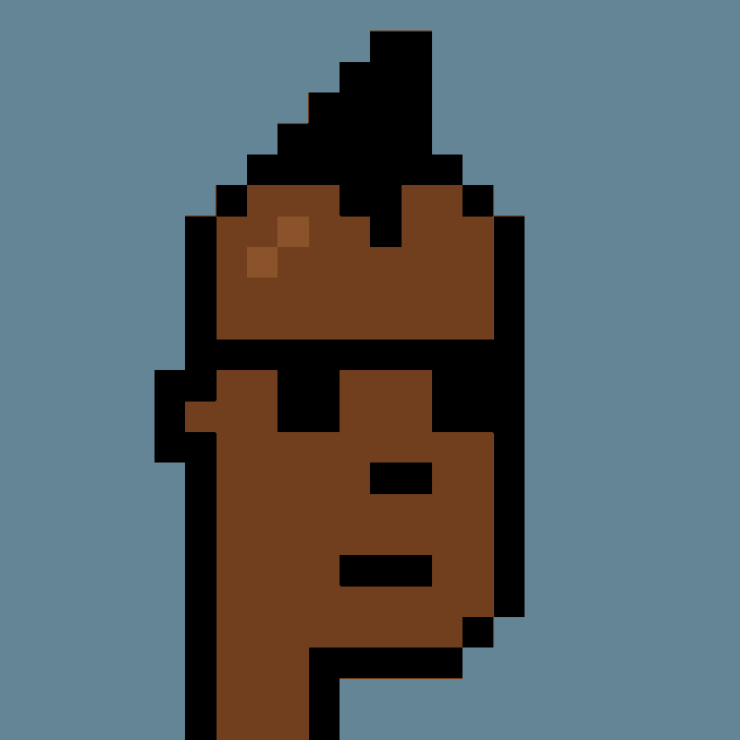 A pixel art image depicting a brown, blocky figure against a solid blue background.