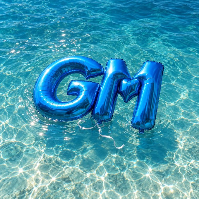 Large blue foil balloons spelling "GM" float on the surface of a sunlit swimming pool, perfectly matching the prompt's playful challenge to respond before the message drifts away.