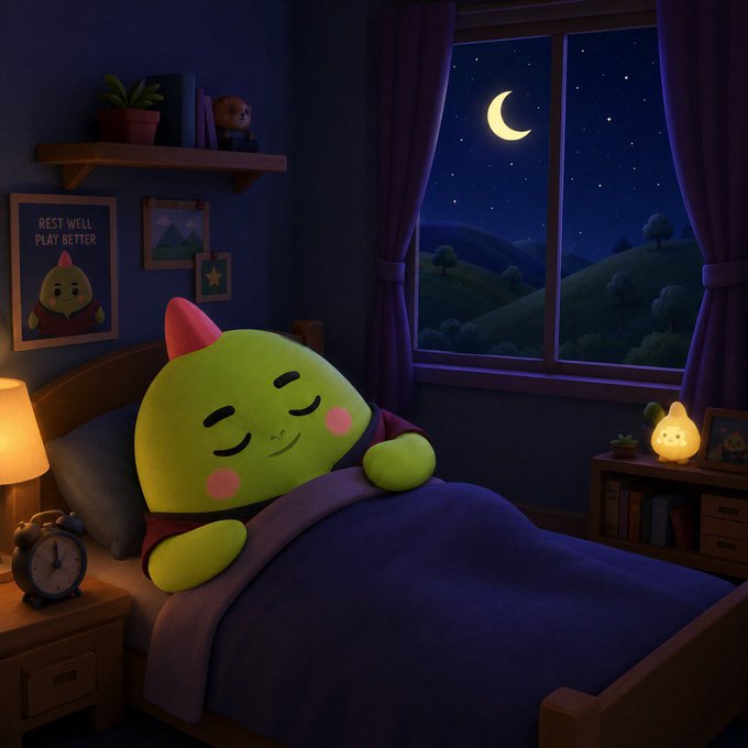 A 3D-rendered illustration of a cute green cat-like character sleeping peacefully in bed at night, with a crescent moon visible through the window and a 'Rest Well Play Better' poster on the wall.