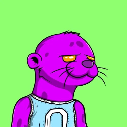A cartoon illustration of a grumpy-looking purple sea lion character wearing a light blue tank top, set against a plain green background.