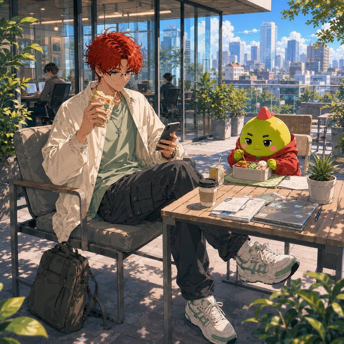 An anime-style illustration of a red-haired young man eating a sandwich and looking at his phone, sitting at an outdoor cafe next to a small green character eating from a bento box.