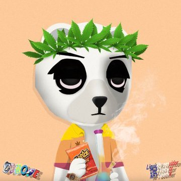 A cartoon panda wearing a cannabis leaf crown and holding snacks, with a bong featuring smoke; text reads 'DABDOSE' and includes anti-weed propaganda messaging.