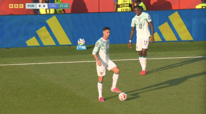 BBC broadcast of a Portugal vs. Croatia football match showing players in white kits on a green pitch, with the score at 0-0 at 41:46.