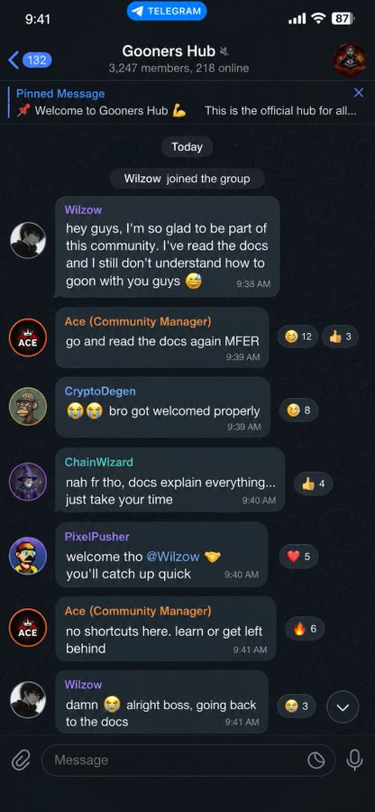 A Telegram chat screenshot from the Gooners Hub group showing 3,247 members and 218 online, with users welcoming new member Wilzow to the community, including messages from CryptoDegen, ChainWizard, PixelPusher, and Community Manager Ace.