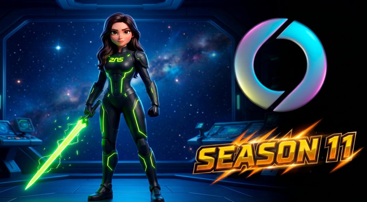 The image features a woman dressed as a character from the video game Soneium Score Season 11, standing next to a green sword with a purple shield. The background of the image is black, which contrasts with the vibrant colors of her outfit. The text "Season 11" and "Official ZNS NFT" are also present in the image.