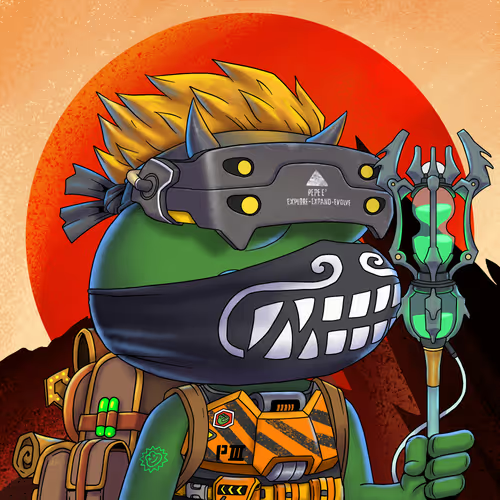 The image features a cartoon character wearing a black mask, goggles, and a green suit with orange accents. The character has a backpack on their back and holds a gun in one hand while wearing a gas mask on the other. The background of the image is red and orange, which gives it an artistic and vibrant appearance.

The post reads: "Proud of my @PepeExplorers Market will naturally heal. NGL Art is banger and the founder @TrystanNFT looks really cooking." This statement seems to be a reference to the character's role as a member of the Pepe Explorers, who are known for their healing abilities in the market. The post also mentions that the character has a backpack on their back, which could imply they have been exploring or traveling recently.