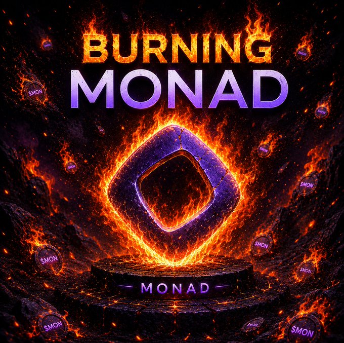 A fiery promotional graphic for 'BURNING MONAD' featuring a purple diamond-shaped token ringed with flames, the word 'MONAD' on a pedestal, and floating coins labeled '$MON'.