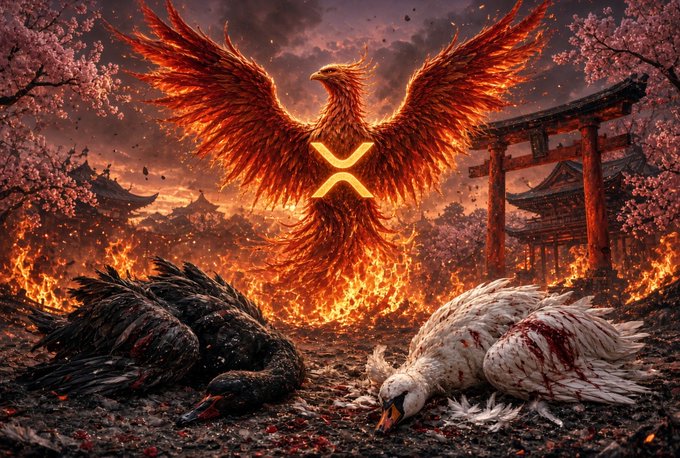 A blazing phoenix with wings outstretched rises triumphantly from flames and bloodied, fallen birds (one black, one white), with the XRP "X" logo glowing on its chest—symbolically representing XRP's rise above the destruction of competing or rival forces. The image visually echoes the post's theme of one asset "rising from the ashes" as Japan repatriates the yen, mirroring XRP's emergence as a dominant force amid the fallout of Bessent's market-shaking commentary.