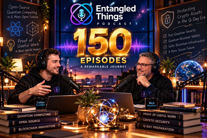 A promotional image for the 'Entangled Things Podcast' celebrating '150 EPISODES' with two hosts, Colton and Rick, at a table with books and microphones.
