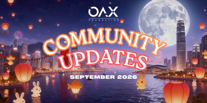 An illustrated promotional banner for OAX Foundation displaying 'COMMUNITY UPDATES SEPTEMBER 2026' over a cityscape with lanterns and a moon.