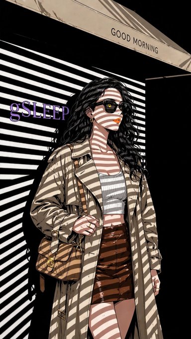 A stylized digital illustration of a fashionable woman wearing sunglasses, a trench coat, and a brown skirt, standing in front of striped shadows with text reading 'GOOD MORNING' and 'gSLEEP'.