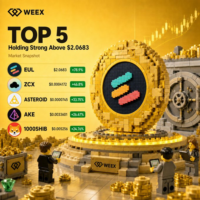 A WEEX promotional graphic titled "TOP 5 Holding Strong Above $2.0683 – Market Snapshot" showcases a giant gold LEGO coin alongside a ranking of five cryptocurrencies—EUL ($2.0683, +78.9%), ZCX ($0.0004172, +46.8%), ASTEROID ($0.0000745, +33.75%), AKE ($0.003601, +26.67%), and 1000SHIB ($0.005256, +24.76%)—with LEGO figures observing the scene.