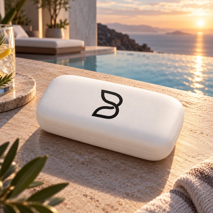 A minimalist white product case with a butterfly logo resting on a stone ledge beside a pool overlooking the ocean at sunset.
