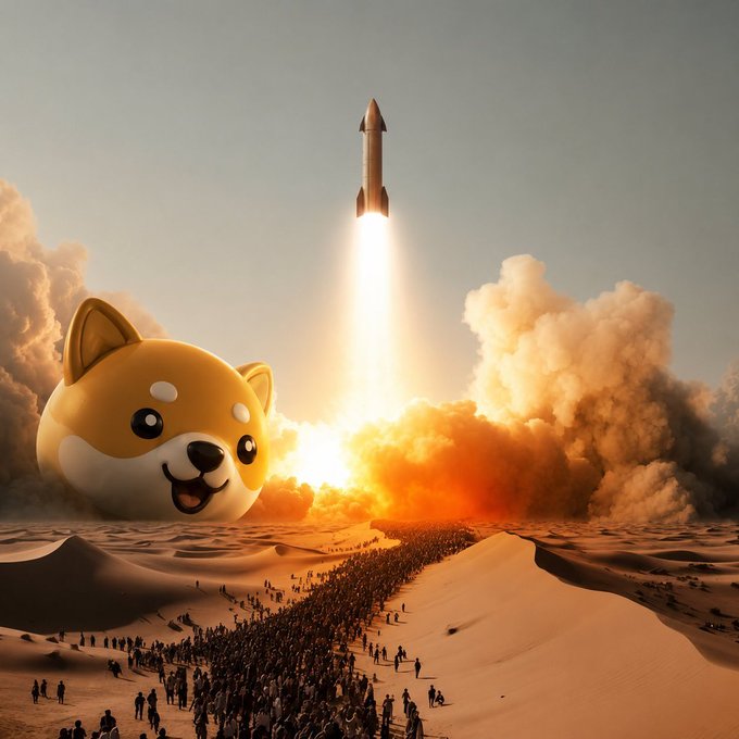 A giant cartoon Shiba Inu (BabyDoge) head watches as a rocket launches from a desert landscape, with crowds gathered below—visually amplifying the post's "fun fact" that less than 0.025% of the global population is invested in $BABYDOGE.