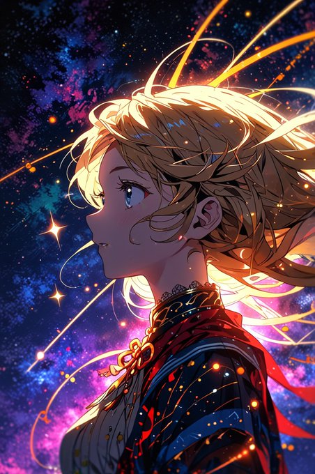 A colorful anime-style illustration shows a blond character in profile against a starry, cosmic background with glowing golden strands.
