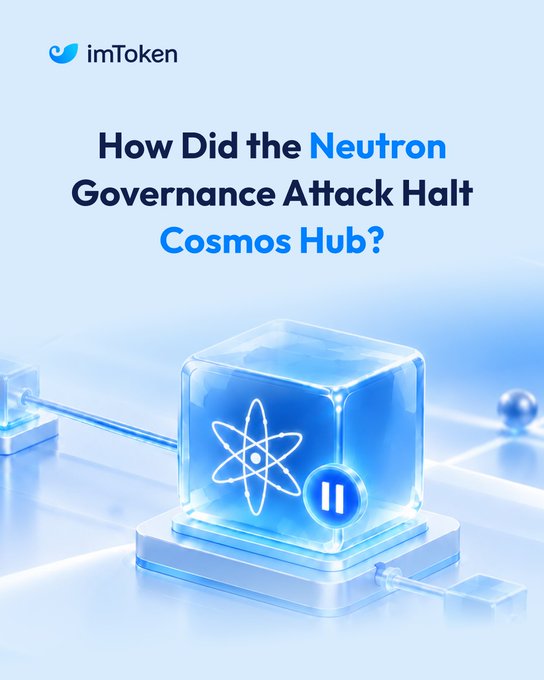 A graphic from imToken with the headline 'How Did the Neutron Governance Attack Halt Cosmos Hub?' featuring a 3D blue cube with an atom symbol on a pause icon.