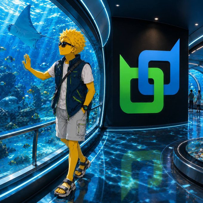 An anime-style illustration shows a blonde male character wearing sunglasses, a blue vest, and shorts, standing next to a large aquarium window with a stingray and fish swimming by, while a green and blue logo is displayed on the wall nearby.