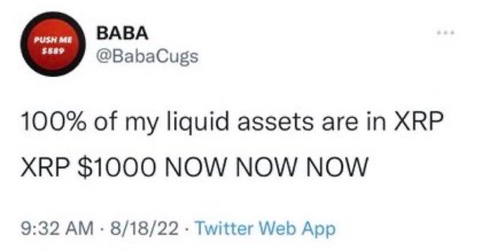 The image shows a tweet from user "BABA" (@BabaCugs) with a profile picture reading "PUSH ME $569," stating "100% of my liquid assets are in XRP, XRP $1000 NOW NOW NOW," posted on 8/18/22 via Twitter Web App. The post complements the caption by emphasizing the creator's all-in bullish stance on XRP reaching $1000 and promoting self-custody through a Web3/LLC for digital asset ownership.