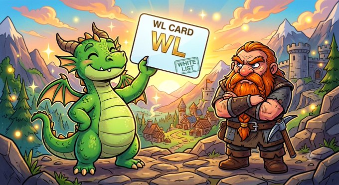 A cartoon scene featuring a friendly green dragon holding a "WL CARD / WHITE LIST" sign next to a bearded dwarf warrior, set against a fantasy landscape with castles and mountains.