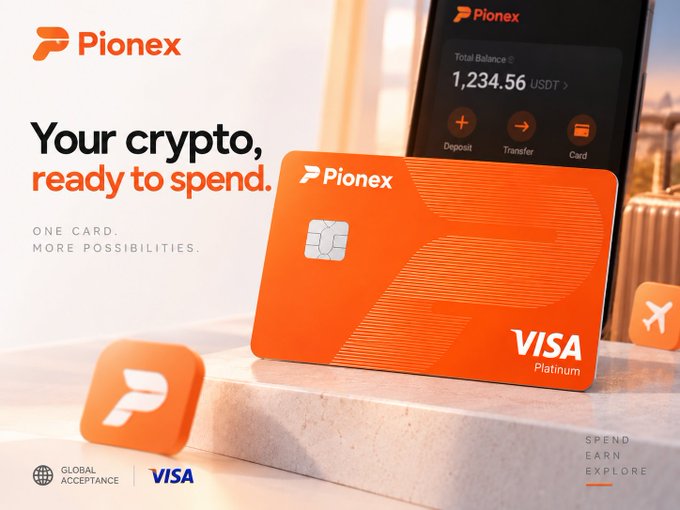 The image is a promotional ad for Pionex's Visa Platinum crypto card, featuring the orange card displayed prominently alongside a smartphone showing a balance of 1,234.56 USDT with deposit, transfer, and card options, tagged with the slogan "Your crypto, ready to spend" and "One card. More possibilities." The advertisement ties into the "Plus 6% flexible earning" post by showcasing how users can spend their crypto assets (like USDT) earned through Pionex's flexible earning program directly via the globally accepted Visa Platinum card.