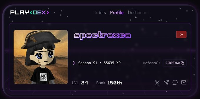 A PLAY<DEX> profile page for "spectrexca" showing Season S1 with 55635 XP, Level 24, Rank 150th, and referral code "SIRPSYKO", featuring an anime avatar in a desert setting.