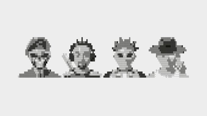 Four small grayscale pixel-art figures, including one resembling a mushroom character and others with antennae or headphones, are displayed in a row against a white background, visually representing the limited collection of "7,777 Traces" tied to the "October 6" event mentioned in the caption.