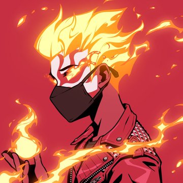 A fiery anime-style character with flaming blonde hair, a face mask, and a red jacket stands against a red background with flames swirling around, embodying the BOSU universe aesthetic described in the post as a reimagined Azuki NFT.