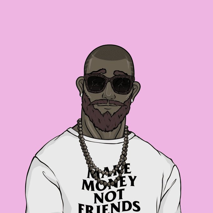 A digital illustration of a bald, bearded Black man wearing sunglasses and a beaded necklace, with a white t-shirt reading 'MAKE MONEY NOT FRIENDS' against a pink background.