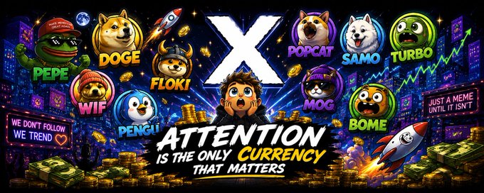A colorful banner displays various meme coins including PEPE, DOGE, FLOKI, POPCAT, SAMO, TURBO, WIF, MOG, BOME, and PENGU with the slogan 'ATTENTION IS THE ONLY CURRENCY THAT MATTERS'.