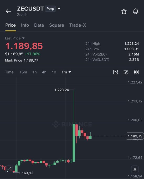 A Binance trading chart for ZECUSDT (Zcash perpetual) showing a price of 1,189.85 USDT with a +17.86% increase, featuring a dramatic green spike on the 1-month candlestick chart.