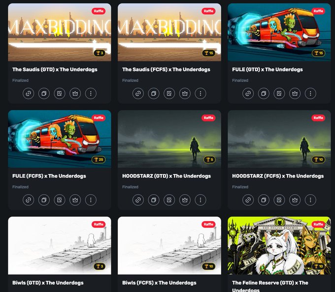 The image shows a grid of nine raffle thumbnails from "The Underdogs" Discord, featuring collections like "The Saudis," "FULE," "HOODSTARZ," "Biwis," and "The Feline Reserve," with winning numbers of 5, 15, 25, 6, 10, and 30 displayed. It visually supports the post's claim about hosting frequent raffles/giveaways to attract early community members.