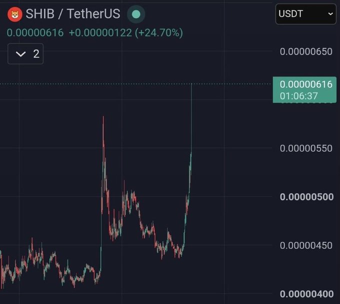 A SHIB/TetherUS (USDT) candlestick chart shows a sharp price surge, with SHIB trading at 0.00000616 — up +0.00000122 (+24.70%) — illustrating the explosive rally characteristic of "altseason."