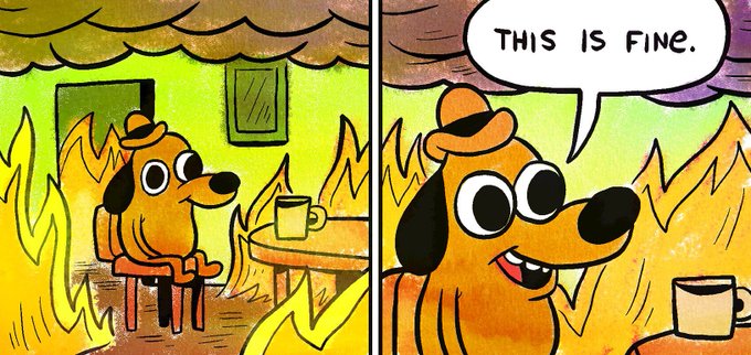 A cartoon dog sits calmly in a room engulfed in flames, sipping from a coffee mug and declaring "THIS IS FINE." The image humorously captures the post's sentiment about Bitcoin holders nonchalantly brushing off concerns over MicroStrategy's Saylor selling a tiny fraction (.2%) of his BTC holdings, treating the minor sale as if it were a massive crisis.