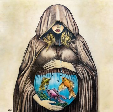 An illustration depicts a hooded female figure cradling a blue bowl of fish, signed with 'AK' in the corner.