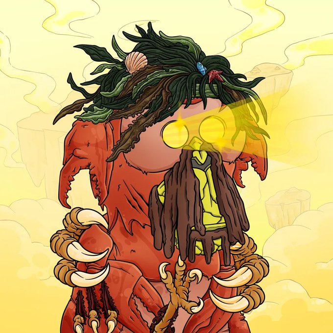 A digital illustration of a red crustacean-like creature with seaweed hair, glowing yellow eyes, and a long brown beard, surrounded by a yellow smoky aura.