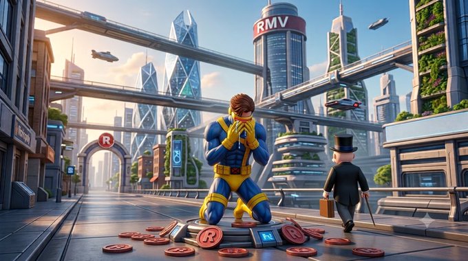 A defeated Monopoly Man in his yellow and blue suit kneels on a city street surrounded by scattered "RMV" tokens, while a businessman in a top hat walks away, symbolizing the loss of Hasbro's Monopoly IP from $RMV (Reality Meta) as referenced in the accompanying post.