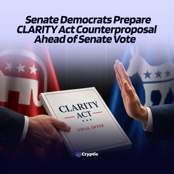 The image shows a hand offering a "CLARITY ACT FINAL OFFER" document between Republican and Democratic party symbols, with a raised hand on the right side signaling refusal. The headline reads "Senate Democrats Prepare CLARITY Act Counterproposal Ahead of Senate Vote," visually reinforcing the article's message of Democratic resistance to the Republican draft by depicting both the formal offer and its rejection.