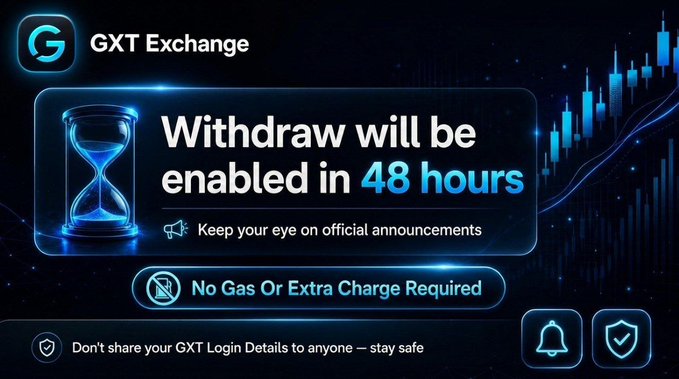 A promotional banner for GXT Exchange with a dark blue design, featuring an hourglass icon and the text 'Withdraw will be enabled in 48 hours' and 'No Gas Or Extra Charge Required' alongside a candlestick chart.