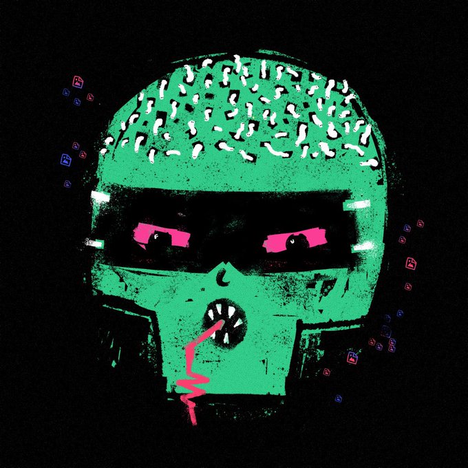 A stylized graphic illustration of a green skull-like helmet or mask with pink glowing eyes, a nose grille, and a pink lightning bolt symbol on its chin, set against a black background with small floating icons.