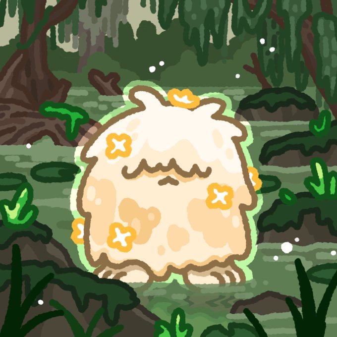 An illustration of a cute, round, cream-colored creature with small orange flowers on its head and body, sitting in a lush green forest setting.