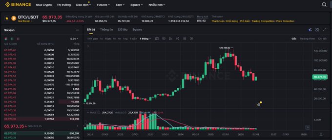 Binance trading interface showing BTC/USDT at $65,973.35 with a 24-hour price chart displaying candlestick patterns and trading history.