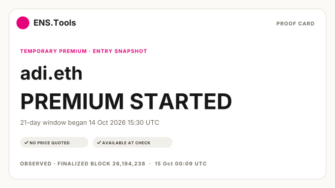 An ENS.Tools 'PREMIARY' proof card notification showing 'adi.eth PREMIUM STARTED' with a 21-day window beginning 14 Oct 2026 15:30 UTC, observed at finalized block 26,194,238 on 15 Oct 00:09 UTC.
