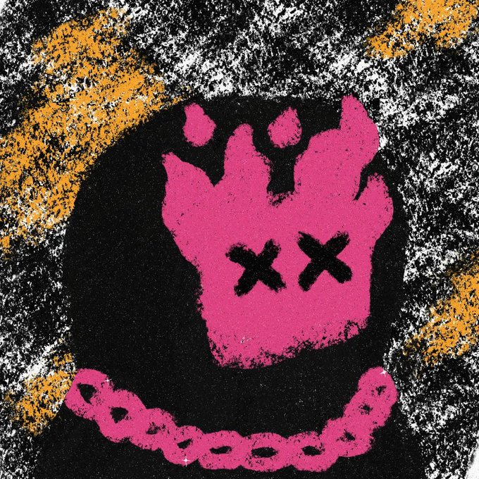 A stylized pink and black graphic featuring a hooded figure with X's for eyes wearing a chain necklace against a textured background.