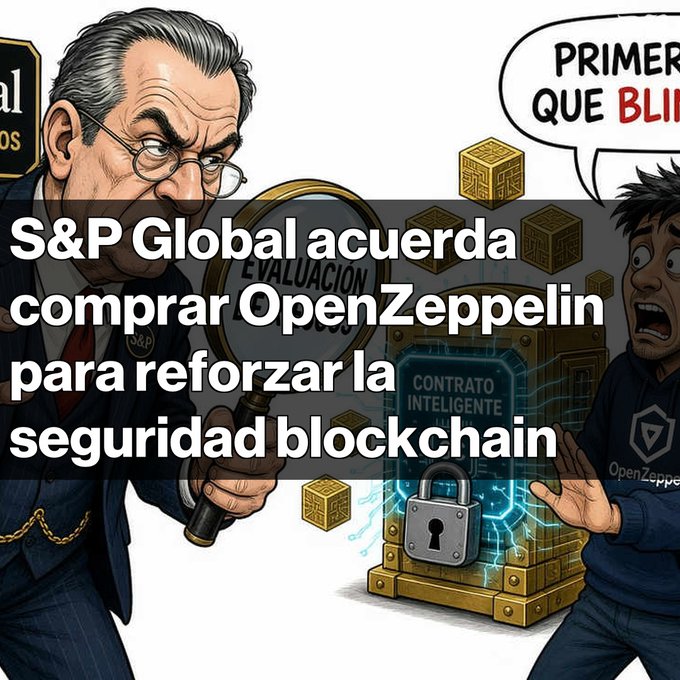 A cartoon illustration shows a suited man with a magnifying glass examining a glowing 'CONTRATO INTELIGENTE' smart contract, with a surprised 'OpenZeppelin' character beside it; overlaid text reads 'S&P Global acuerda comprar OpenZeppelin para reforzar la seguridad blockchain'.
