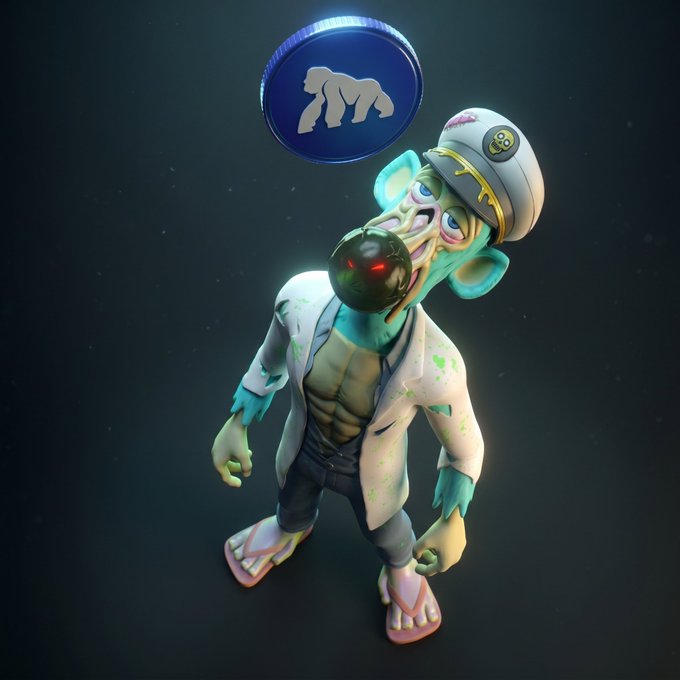 A cartoonish zombie-like mutant ape wearing a sailor hat blows a black bubble, standing beneath a floating blue coin featuring the iconic Bored Ape Yacht Club (BAYC) logo. The image ties into the "Happy Mutant Monday" theme by presenting a quirky, altered version of the classic BAYC aesthetic in a playful, 3D-rendered style.